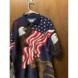 Cotton Traders Sport Polo Shirt  XL Cotton Usa Flag Eagle All Over Print Used